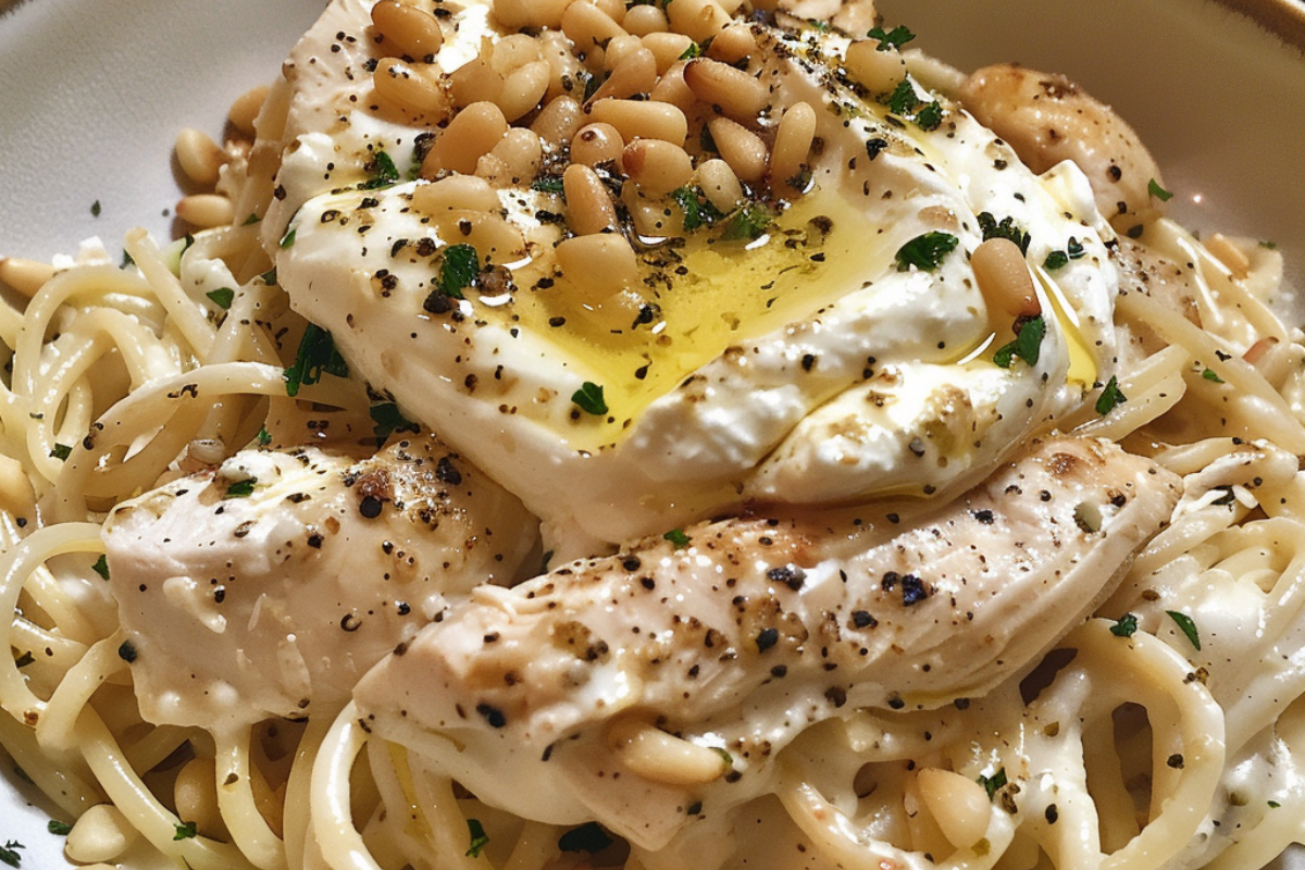 Chicken Spaghetti recipe with Burrata, roasted tomatoes